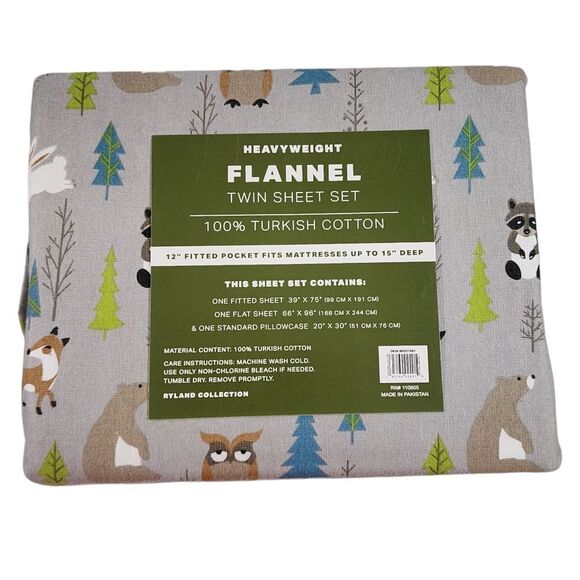 Ryland Collection Heavy Weight Cotton Flannel Sheet Set Twin Size 3pc Gray Multi - Picture 1 of 10